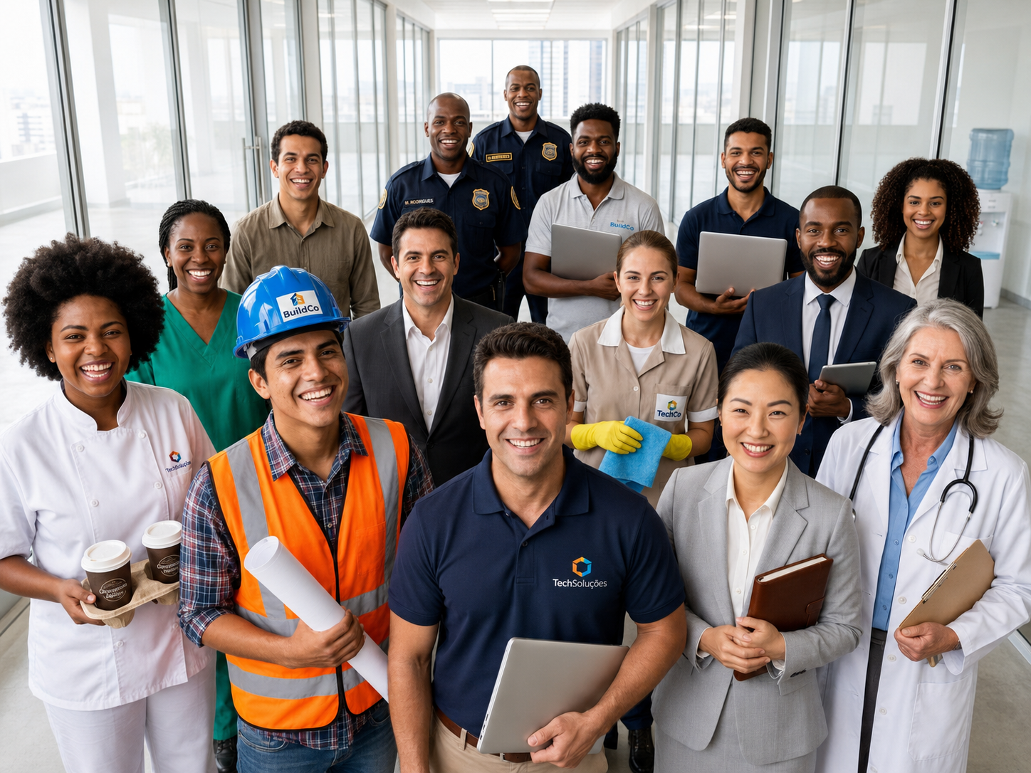 Trabalhadores reunidos em ambiente profissional